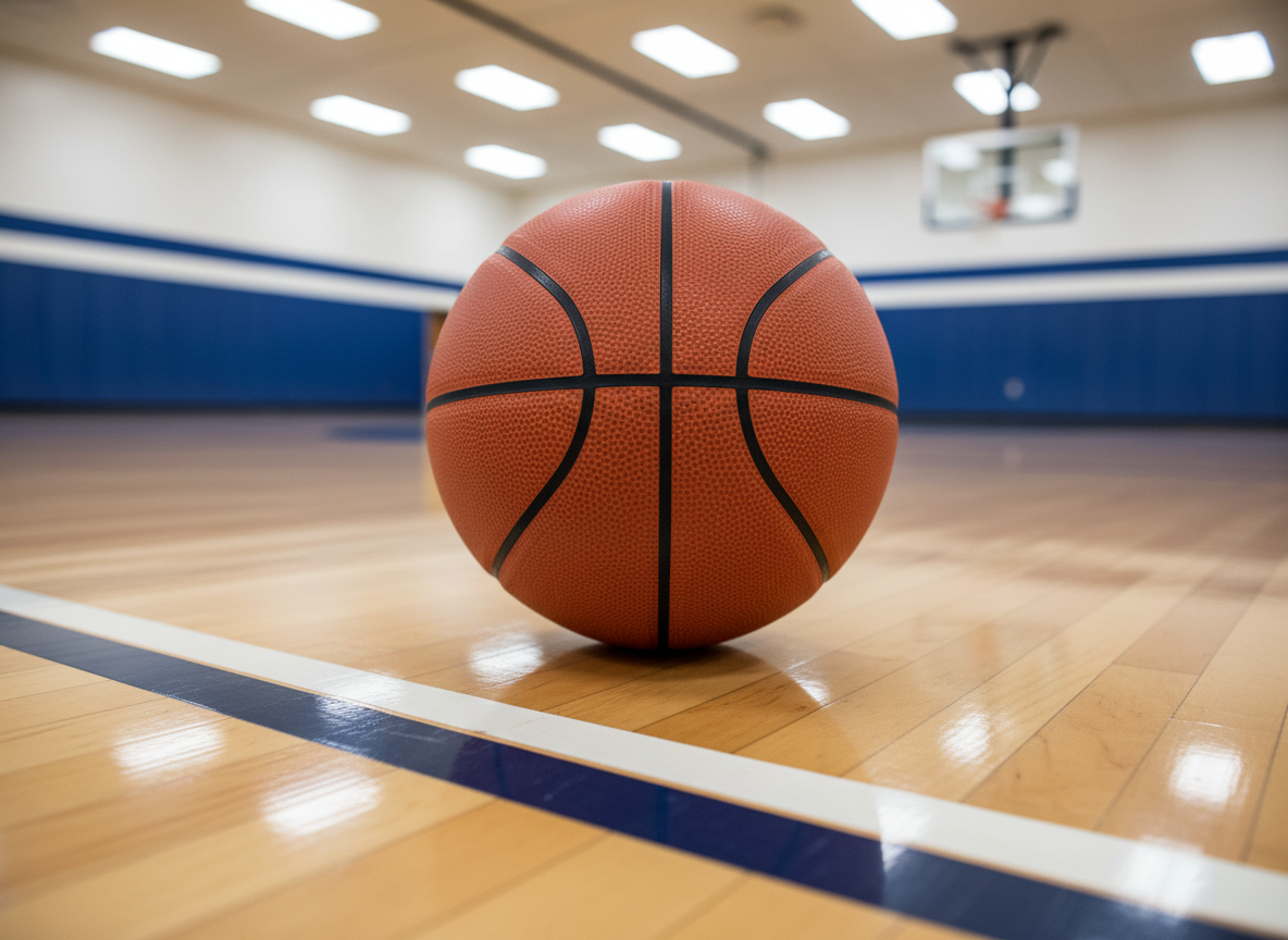 A pristine, freshly inflated orange basketball with deep black channels and a slightly pebbled texture rests at center court on a polished hardwood gym floor. The court markings in crisp white and deep navy form a clean half-court arc around the ball. Overhead, bright but diffused gym lighting reflects in subtle streaks on the glossy floor, creating soft highlights along the ball’s curve. The background shows a slightly blurred regulation hoop, backboard, and padded wall in team colors. Photographic realism, shot at a low, eye-level angle with shallow depth of field, conveys a professional, focused atmosphere that feels disciplined yet inviting, ideal for a youth training facility homepage hero image.