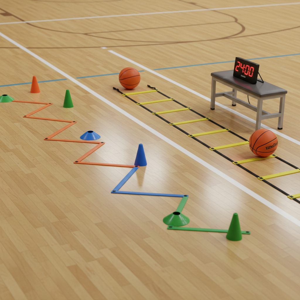 An orderly arrangement of skill-development tools for youth basketball laid out on a gym floor: colorful low-profile cones forming a zigzag dribbling path, a long agility ladder perfectly aligned parallel to the sideline, two basketballs placed precisely at the start and midpoint, and a digital shot clock timer resting on a small, sturdy bench. The maple floor shows faint reflections from the equipment. Soft, warm overhead lighting highlights the vivid colors against the neutral wood. Photographic realism from a slightly elevated, diagonal angle, with the ladder drawing the eye into the frame, creates a dynamic yet organized composition that emphasizes progression, discipline, and game-like training scenarios.