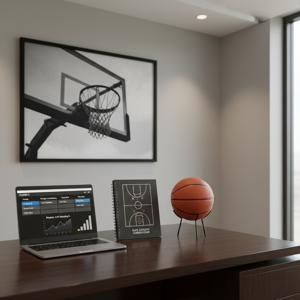 A clean, modern office corner within a basketball training facility, featuring a dark wood desk with a slim laptop displaying a basketball training schedule and progress chart on screen. Next to the laptop sits a neatly bound training curriculum booklet with a cover image of a basketball court diagram, and a single composite basketball on a minimalist metal stand as a decor piece. Behind the desk, a framed, high-contrast photo of a basketball hoop hangs on a neutral gray wall. Soft, indirect overhead lighting and a touch of natural window light create a balanced, professional glow. Photographic realism, shot at eye level with moderate depth of field, underscores organization, planning, and athlete development on and off the court.