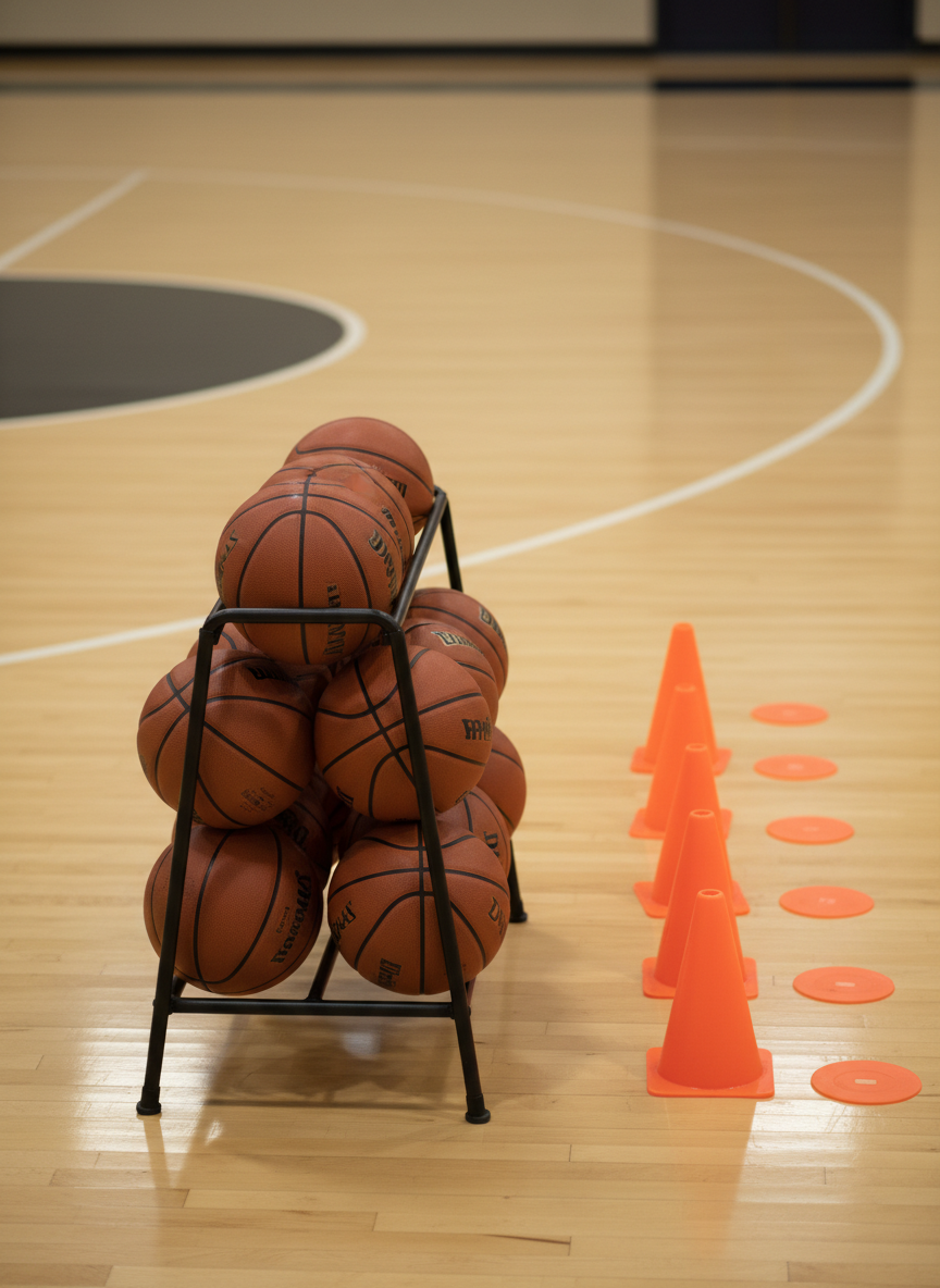A close-up of a meticulously organized basketball training station: neatly stacked orange and black composite basketballs in a heavy-duty black metal ball rack, next to a row of bright orange cone markers and flat agility dots arranged in a precise line on a clean maple gym floor. The far end of the court, with painted three-point arc and key, recedes softly out of focus. Even, warm overhead gym lighting creates clear, natural shadows and subtle reflections on the floor. Photographic realism with a slightly elevated angle and moderate depth of field emphasizes structure, preparation, and professionalism, suggesting a well-run, fundamentals-focused training environment.