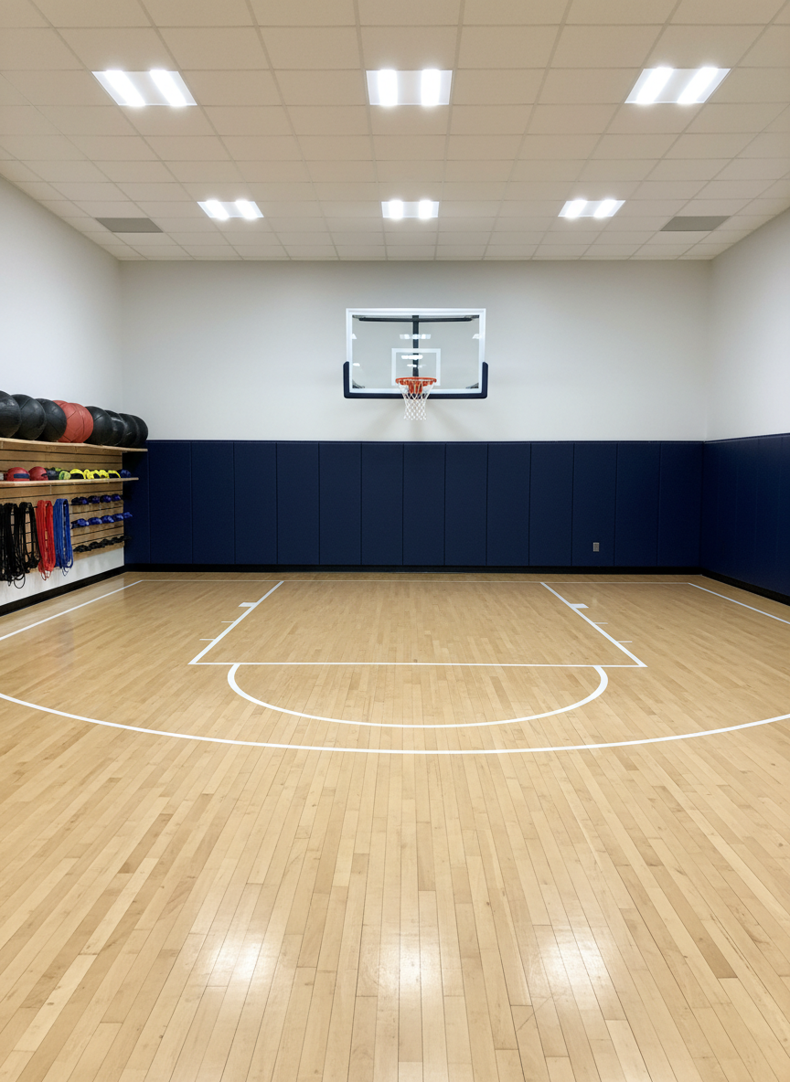 A full half-court view of an indoor basketball training facility with clearly marked lines, including a crisp white three-point arc, key, and free-throw circle on a light honey-colored hardwood floor. A modern, glass-backboard hoop with a bright orange rim and taut white net dominates the far end, surrounded by padded navy wall panels for safety. Along one sideline, shelves hold training equipment: medicine balls, resistance bands, and dribbling goggles arranged neatly. Balanced, bright overhead LED lighting creates an evenly lit, shadow-free environment. Photographic realism from a mid-court, eye-level perspective, with sharp focus throughout, communicates a professional, structured, and serious skill-development space.